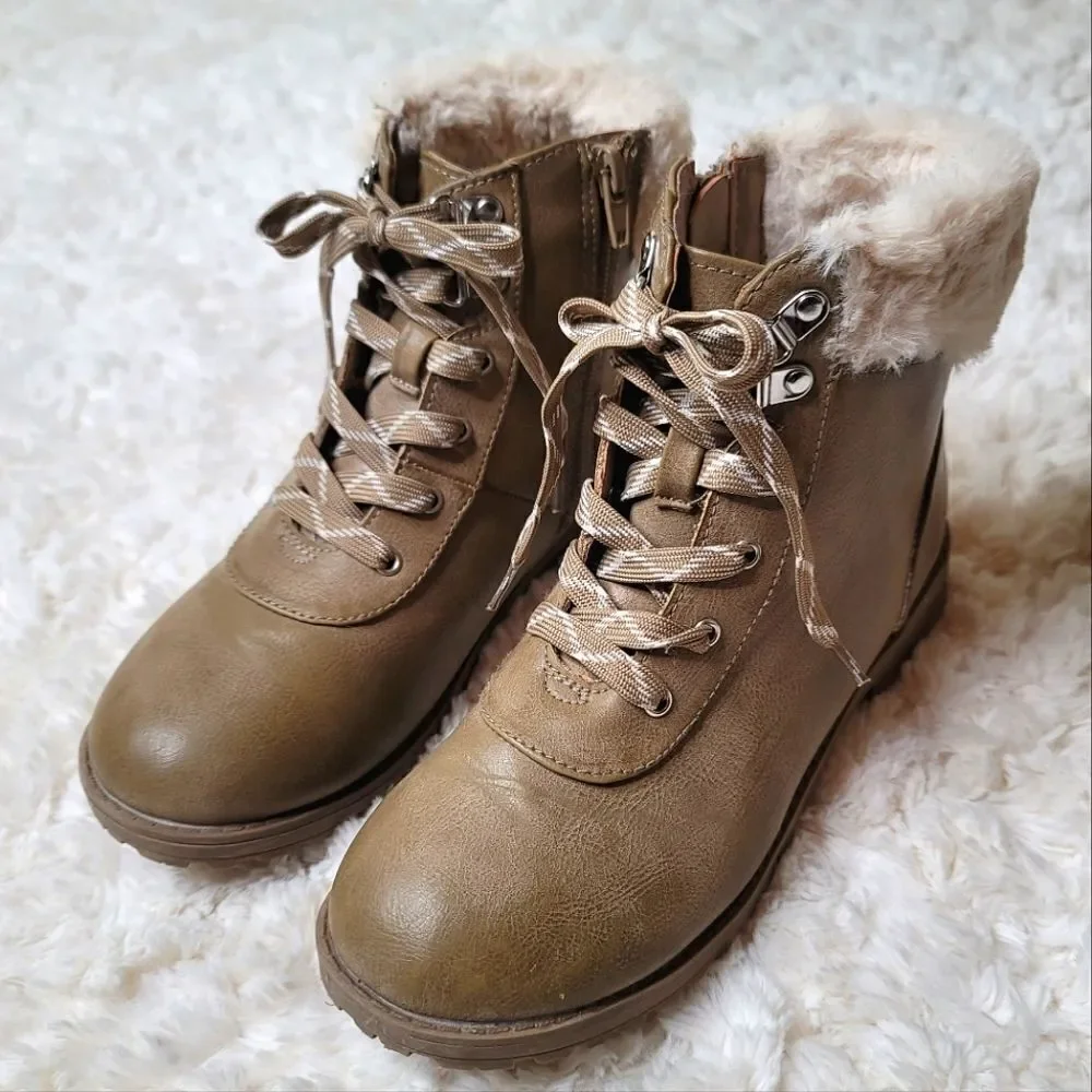 Sugar Youth Brown Lace Up Fux Fur Moto Combat Boots